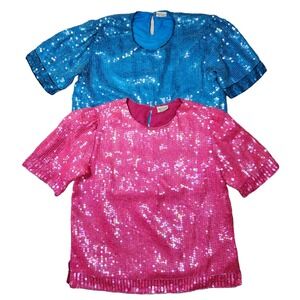 Vtg Sequin Silk Top Shirt Womens L Puff Sleeves Retro‎ Glam 80s Party Cocktail